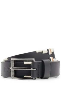 Equestrian leather belt with hand-embroidered signature stripes