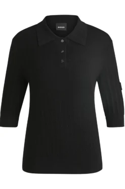 Equestrian ribbed-knit polo with oversized collar