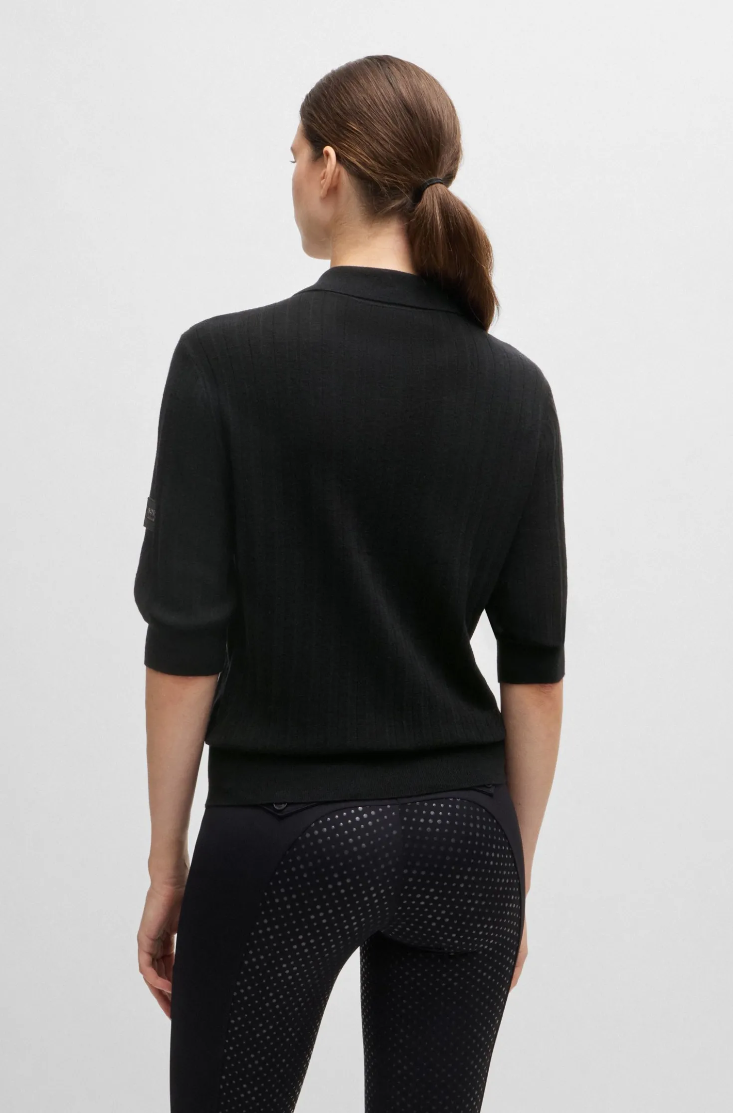 Equestrian ribbed-knit polo with oversized collar