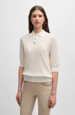 Equestrian ribbed-knit polo with oversized collar