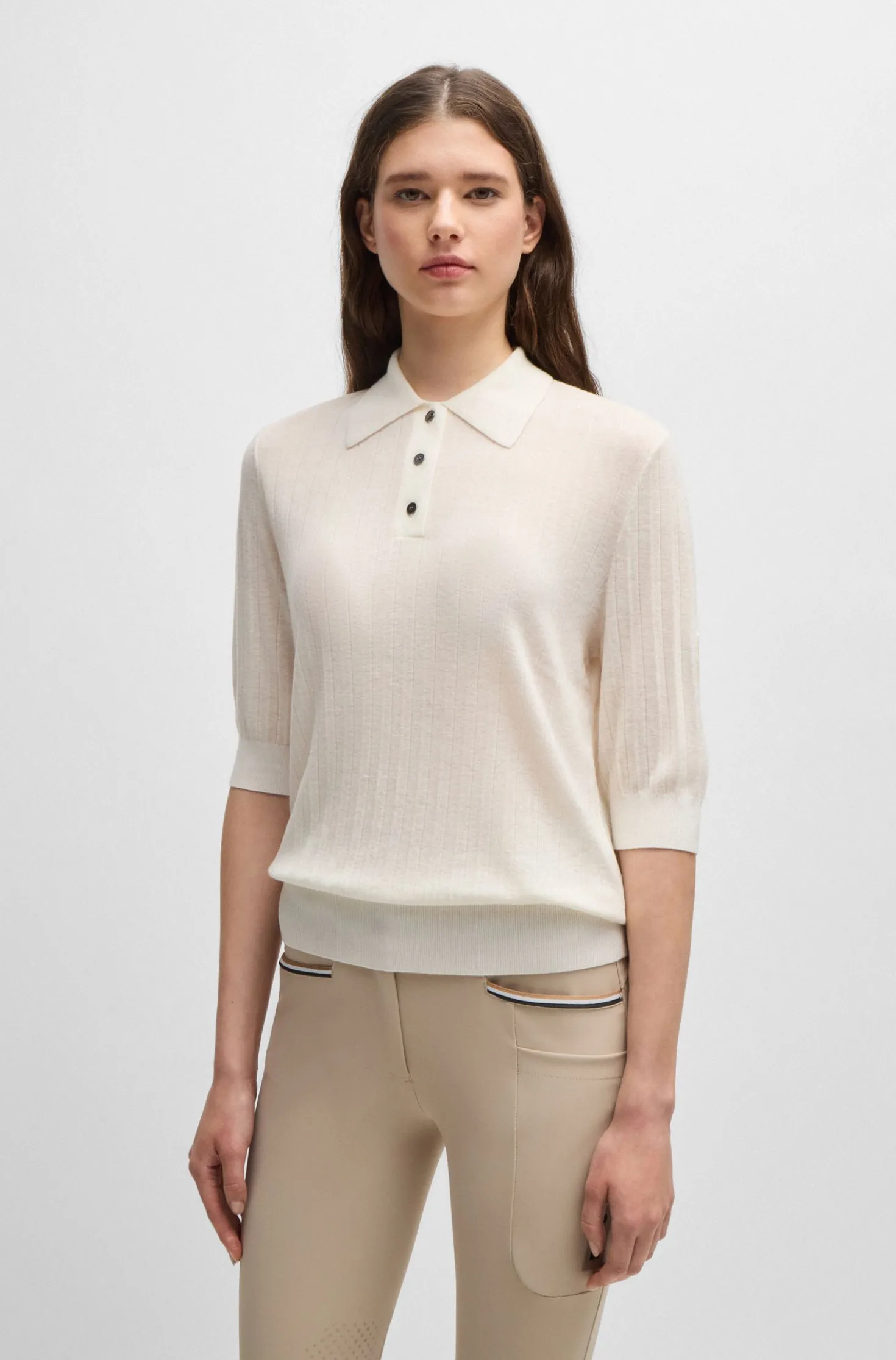 Equestrian ribbed-knit polo with oversized collar