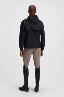 Equestrian waterproof jacket with adjustable hood