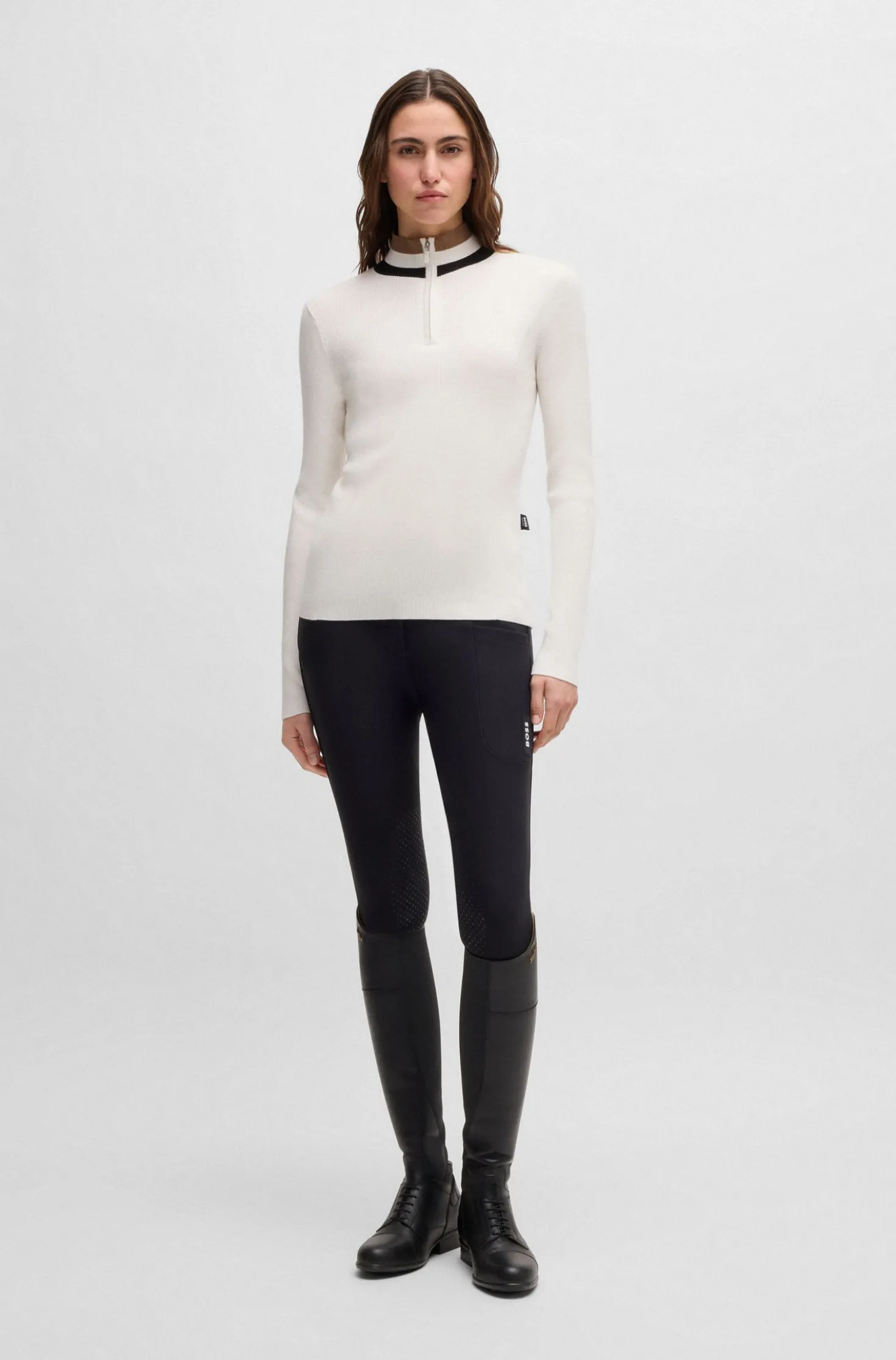 Equestrian zip-neck sweater with ribbed structure