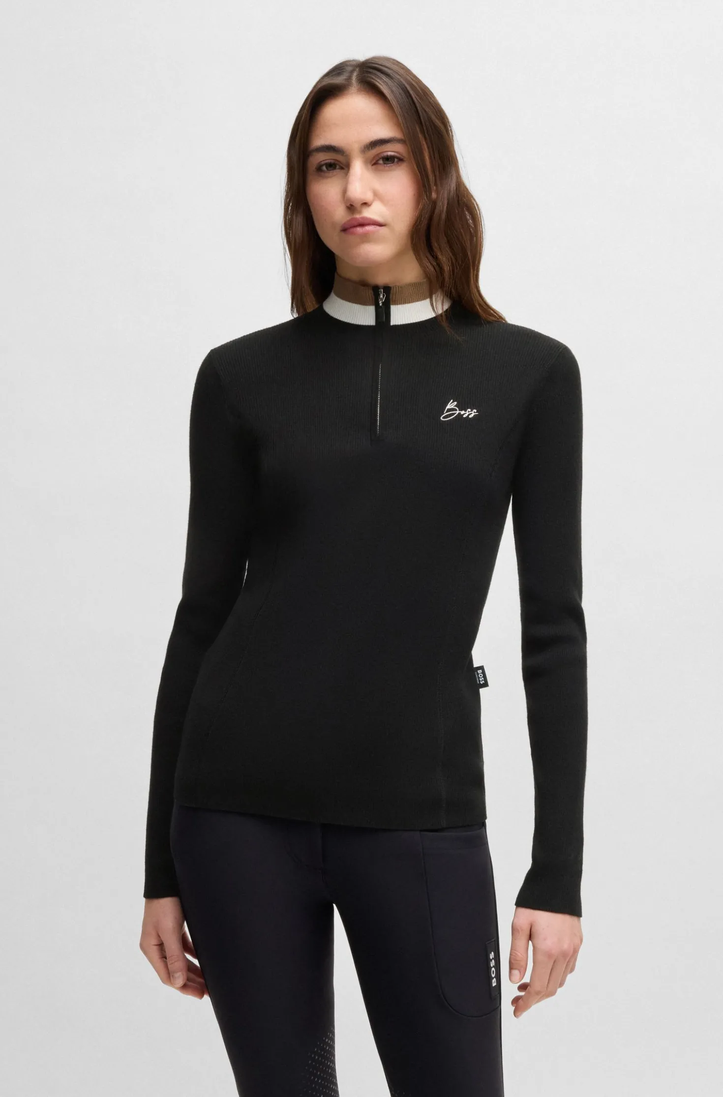 Equestrian zip-neck sweater with ribbed structure
