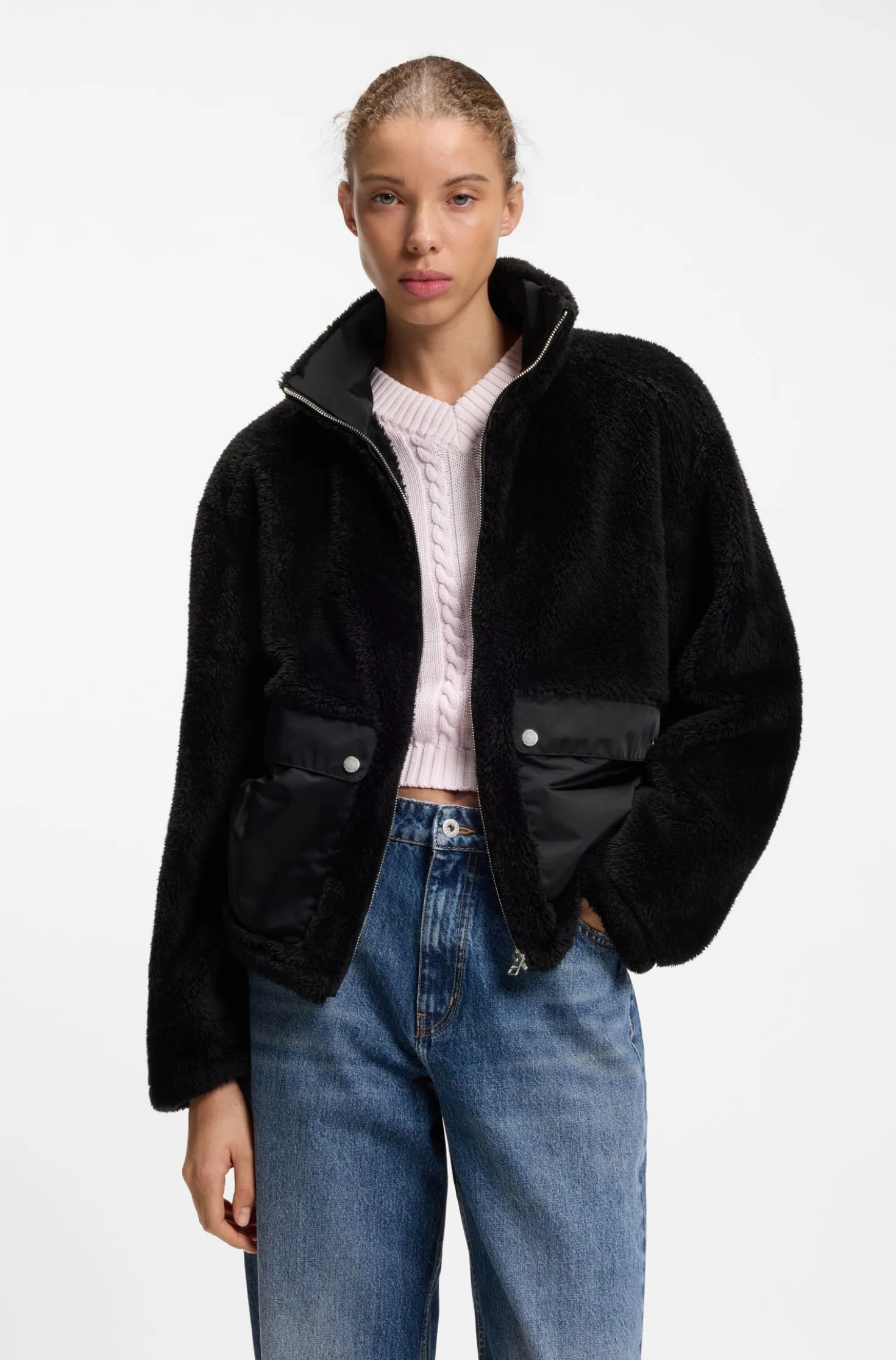 Faux-fur jacket with contrasting patch pockets