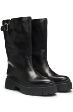 Faux-leather biker boots with buckle detail