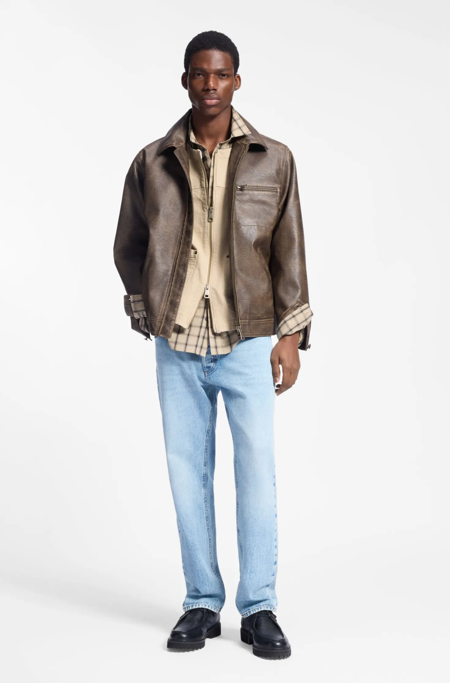 Faux-leather jacket with cross-shaped zip-puller