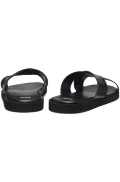 Faux-leather slides with plain and patterned straps