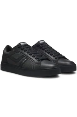 Faux-leather trainers with denim-look trims