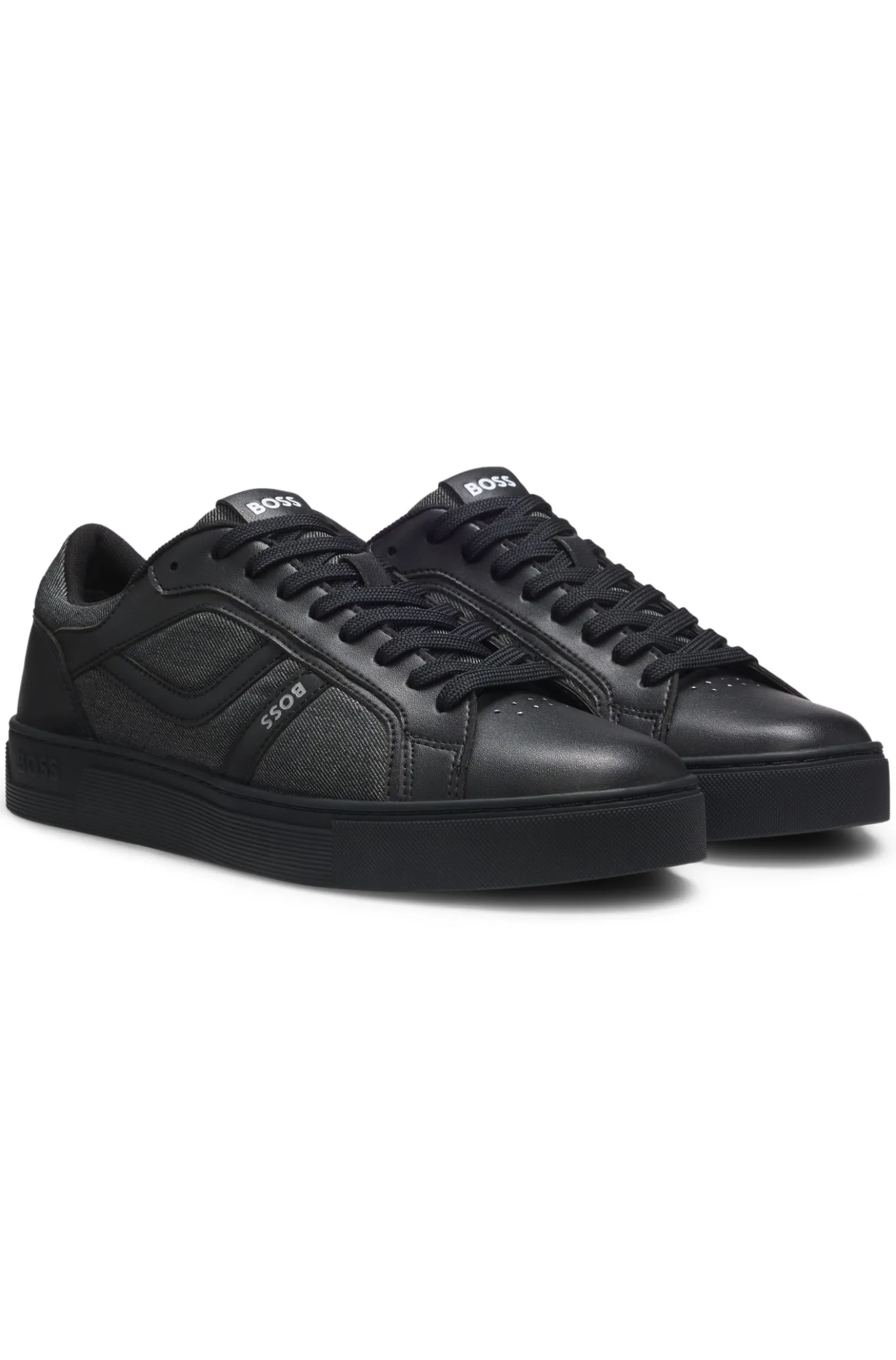 Faux-leather trainers with denim-look trims