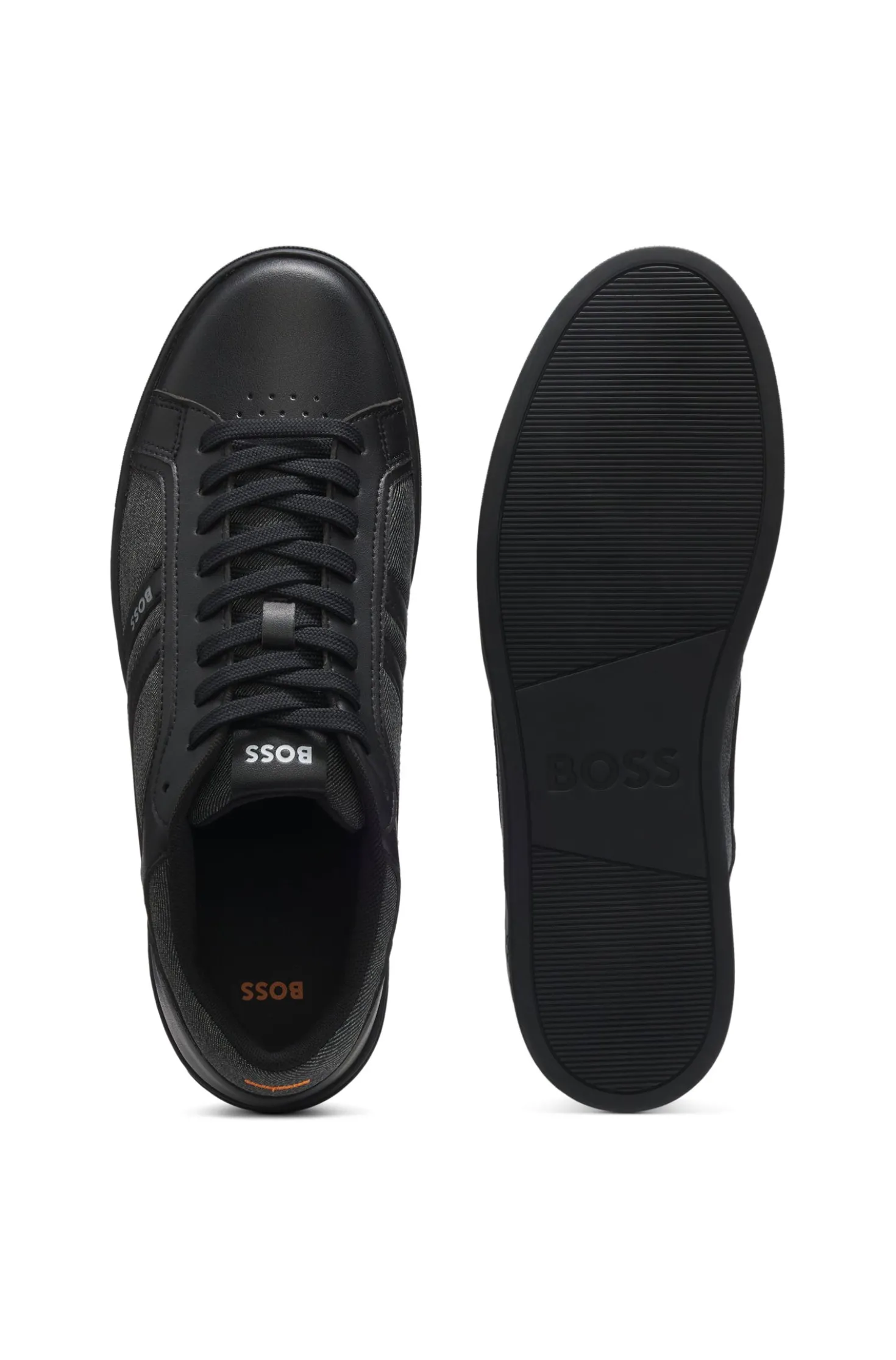 Faux-leather trainers with denim-look trims