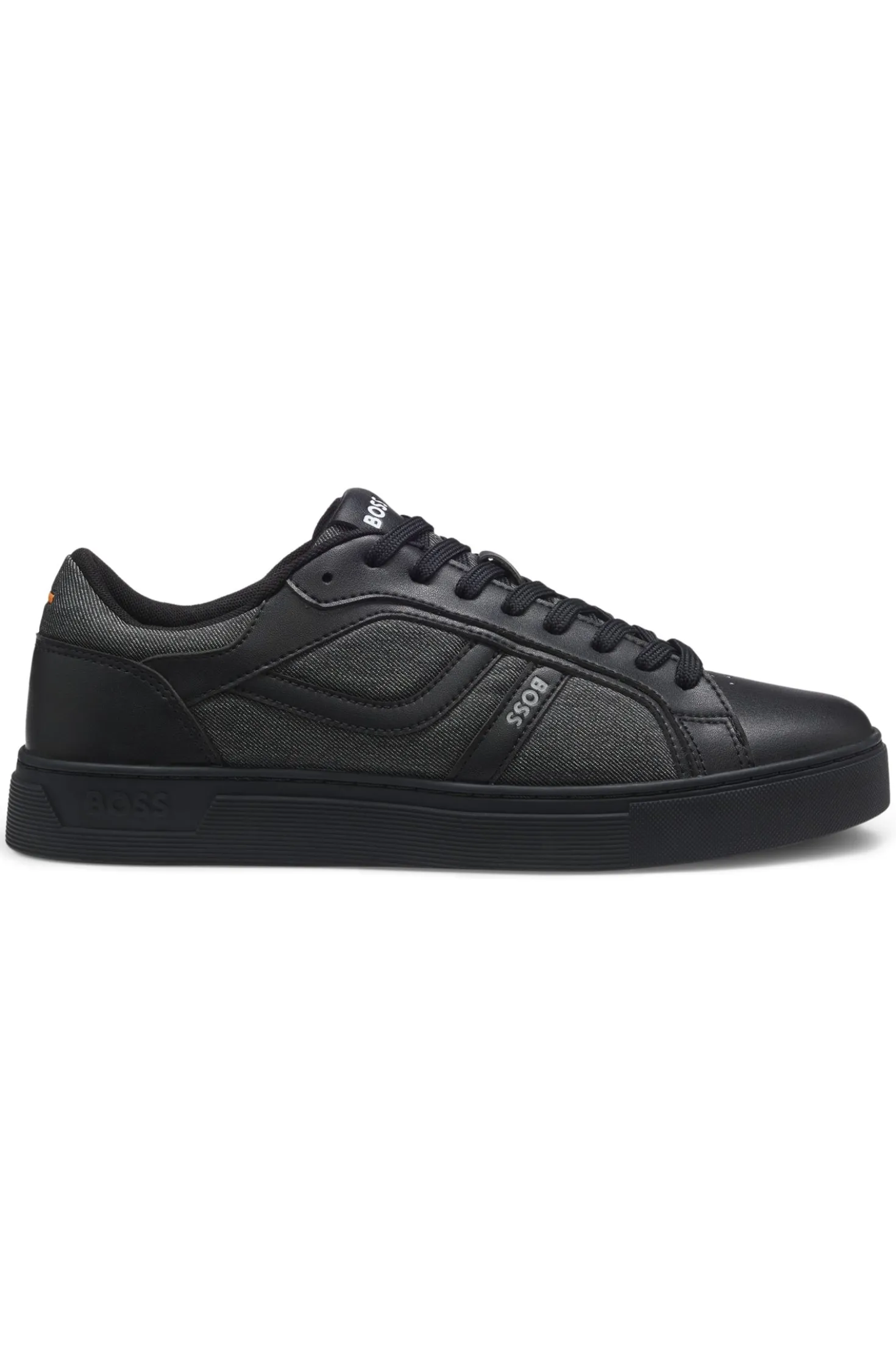 Faux-leather trainers with denim-look trims
