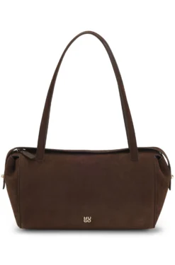 Faux-suede handbag with metallic stacked logo