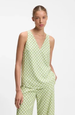 Geometric-print sleeveless top with sequins