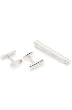 Gift-boxed brass cufflinks and tie bar set