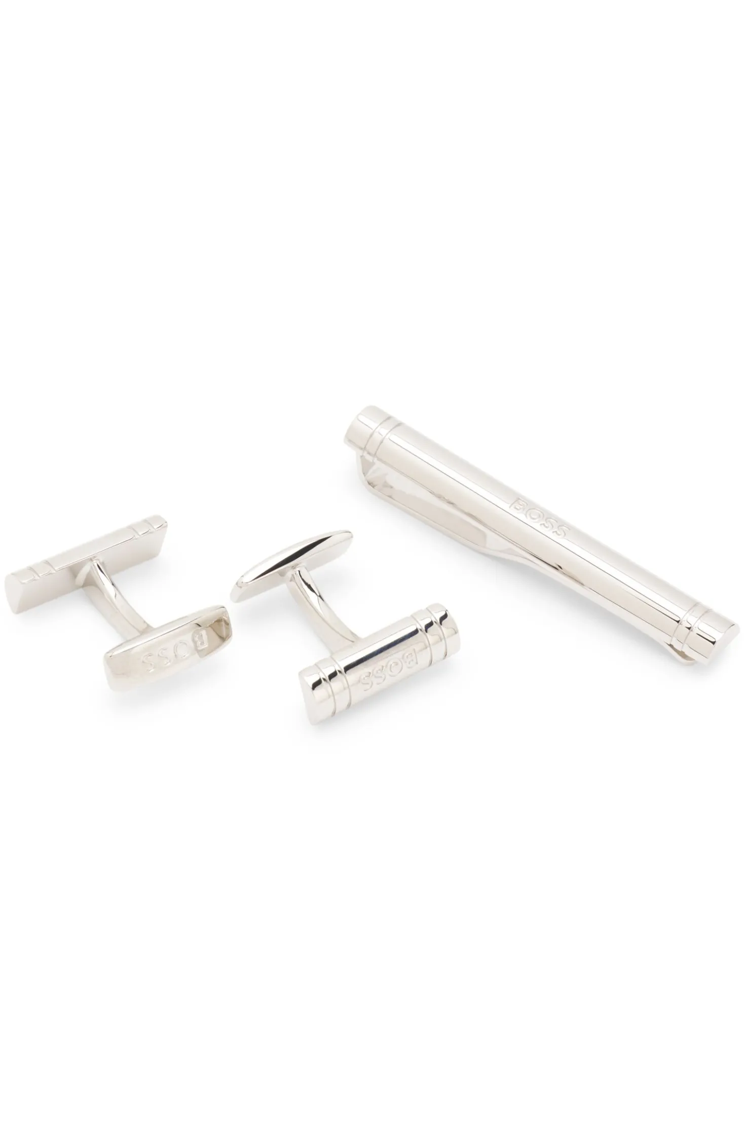Gift-boxed brass cufflinks and tie bar set