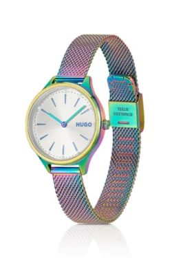 #Glossy iridescent-plated steel watch with crystal markers