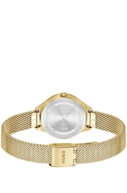 #Glossy light-gold-tone steel watch with crystal markers