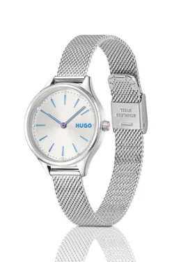 #Glossy stainless-steel watch with crystal markers