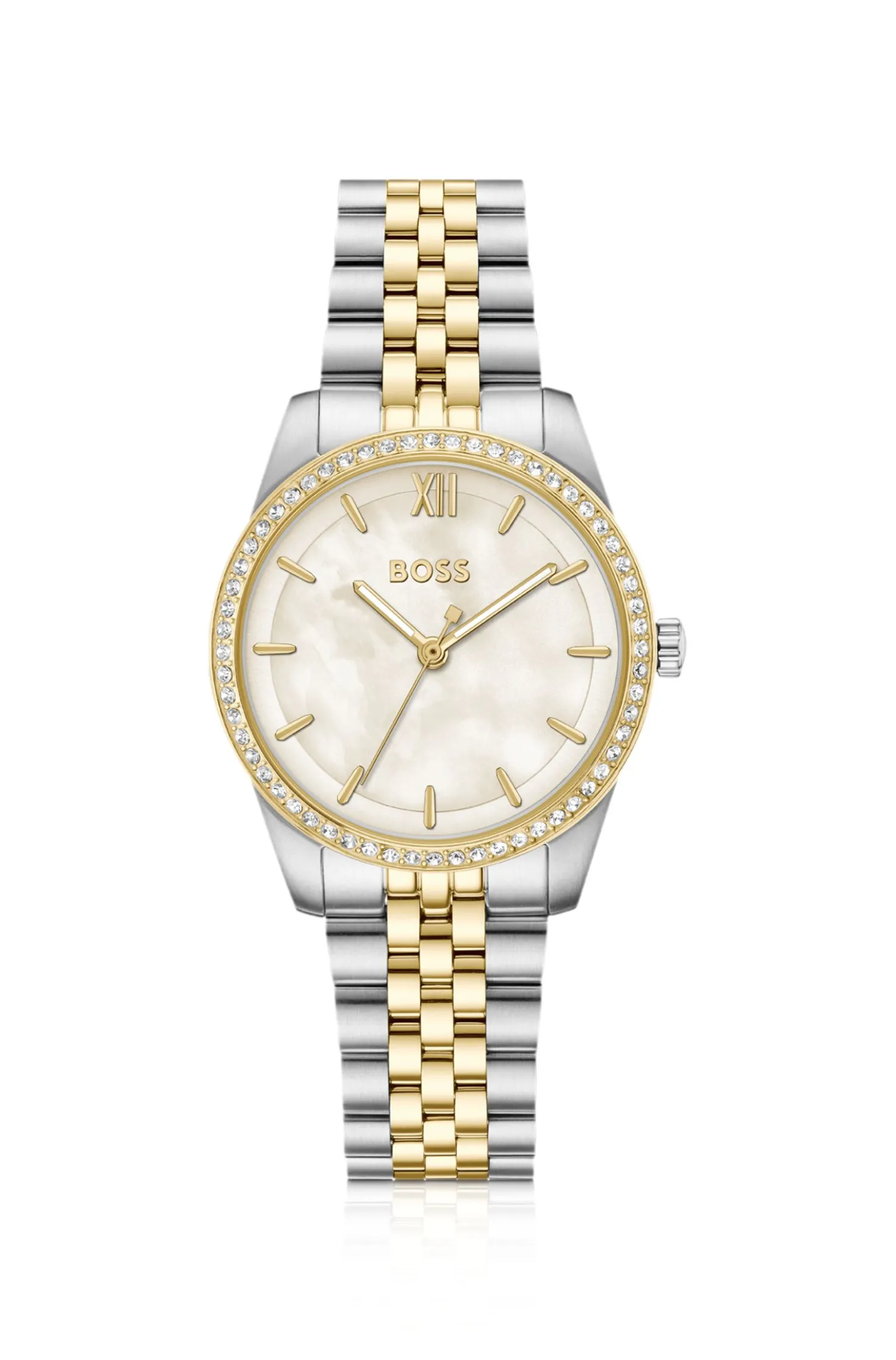 Graceful two-tone watch with crystal-set bezel