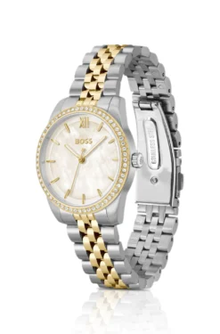Graceful two-tone watch with crystal-set bezel