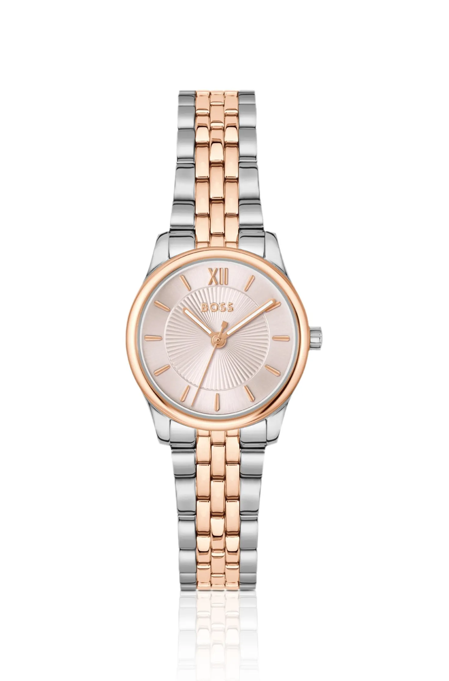 Graceful two-tone watch with pink sunburst-patterned dial
