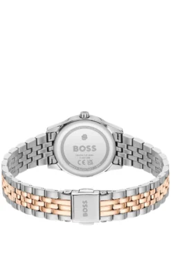 Graceful two-tone watch with pink sunburst-patterned dial
