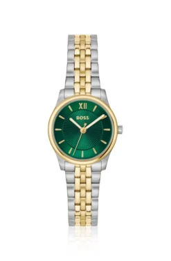 Graceful two-tone watch with sunburst-patterned dial