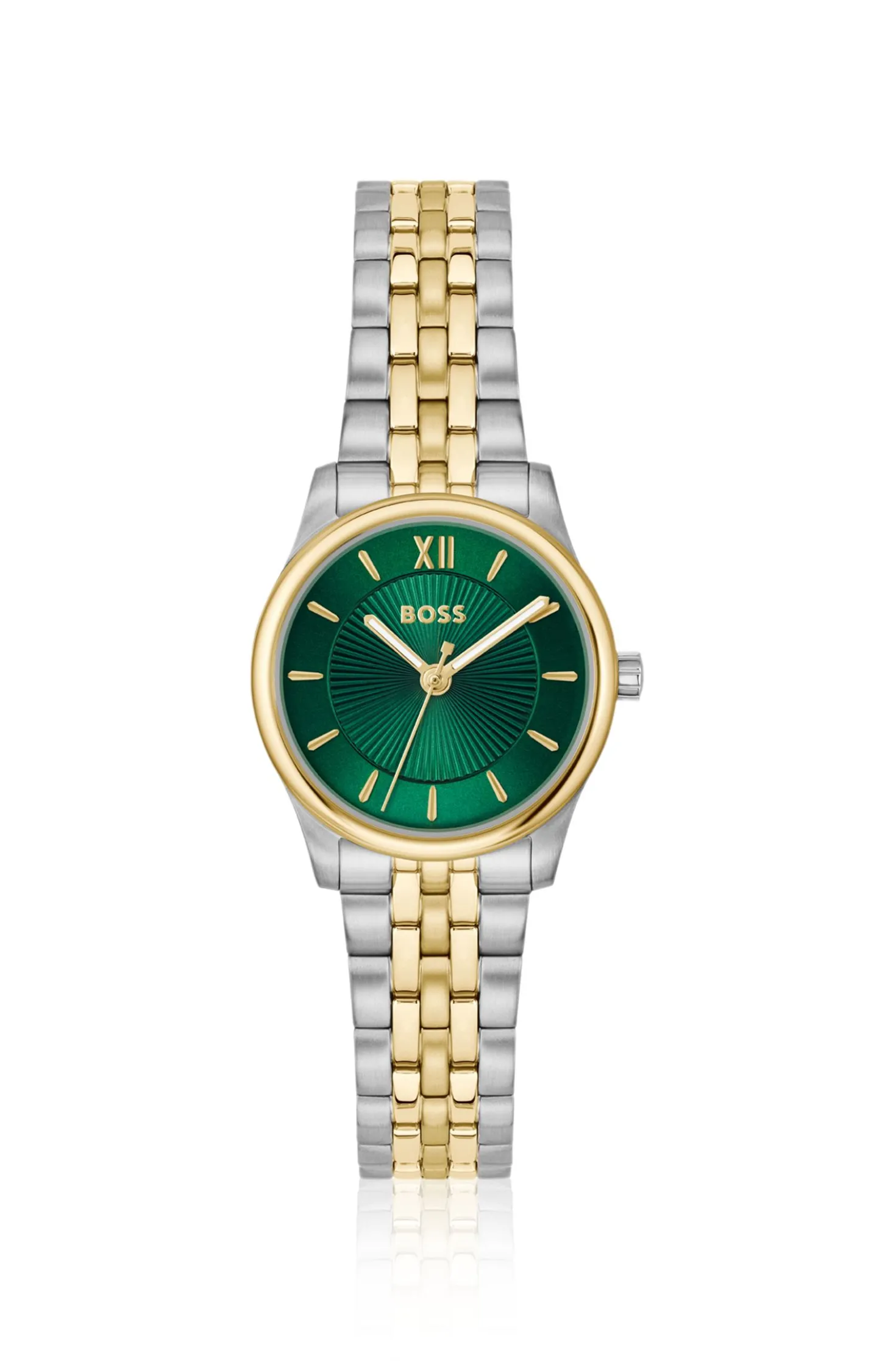 Graceful two-tone watch with sunburst-patterned dial