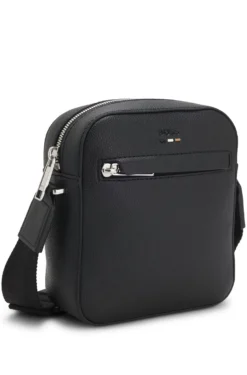 Grained faux-leather reporter bag with signature-stripe trim