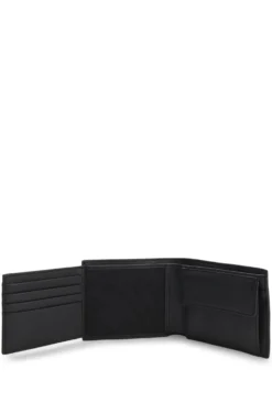 Grained faux-leather trifold wallet with signature-stripe trim