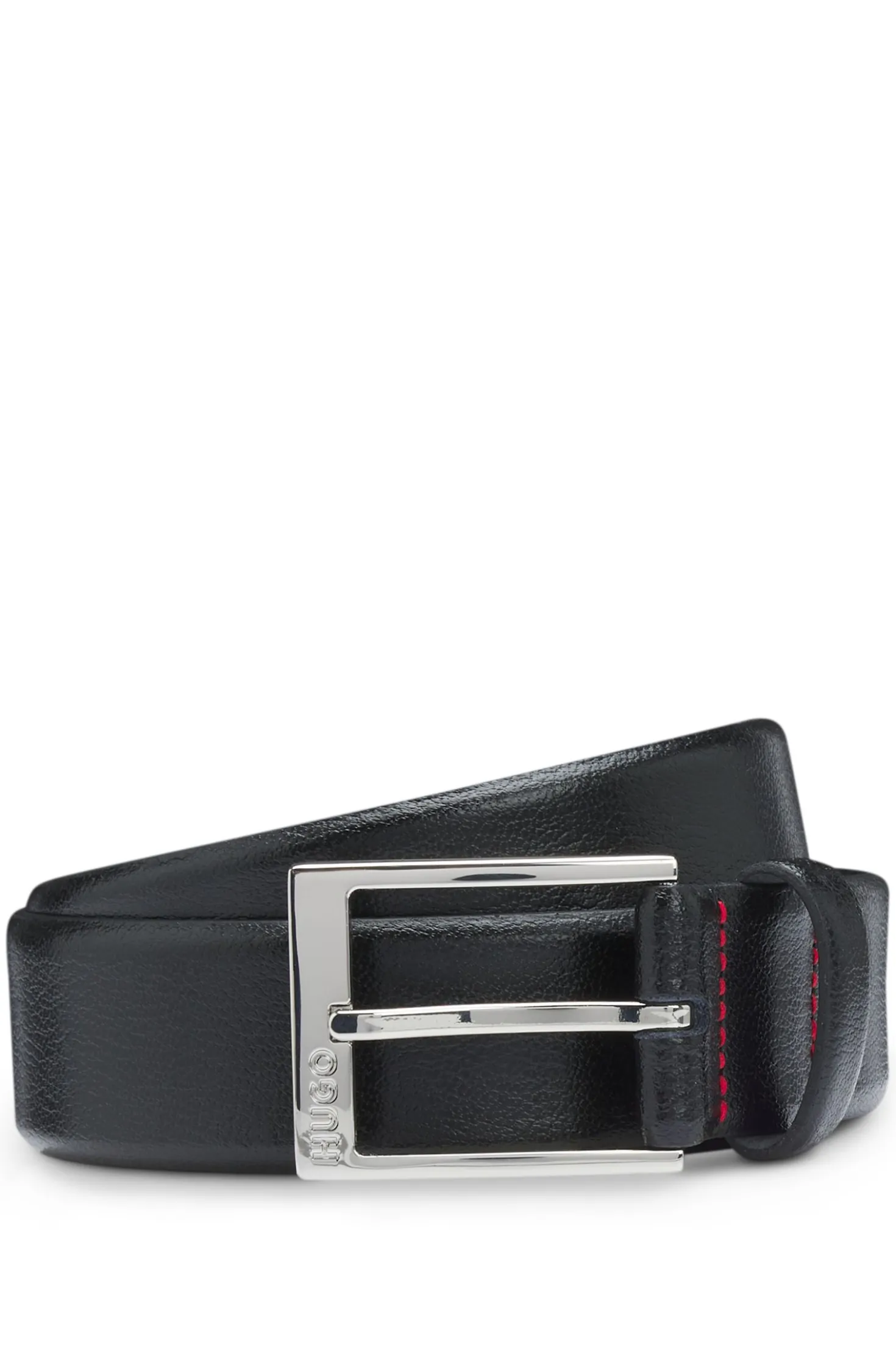 Grained-leather belt with silver-tone hardware