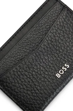 Grained-leather card holder with metal logo