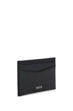 Grained-leather card holder with metal logo