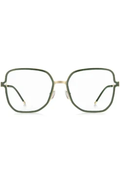 Green optical frames with forked temples and branded chain