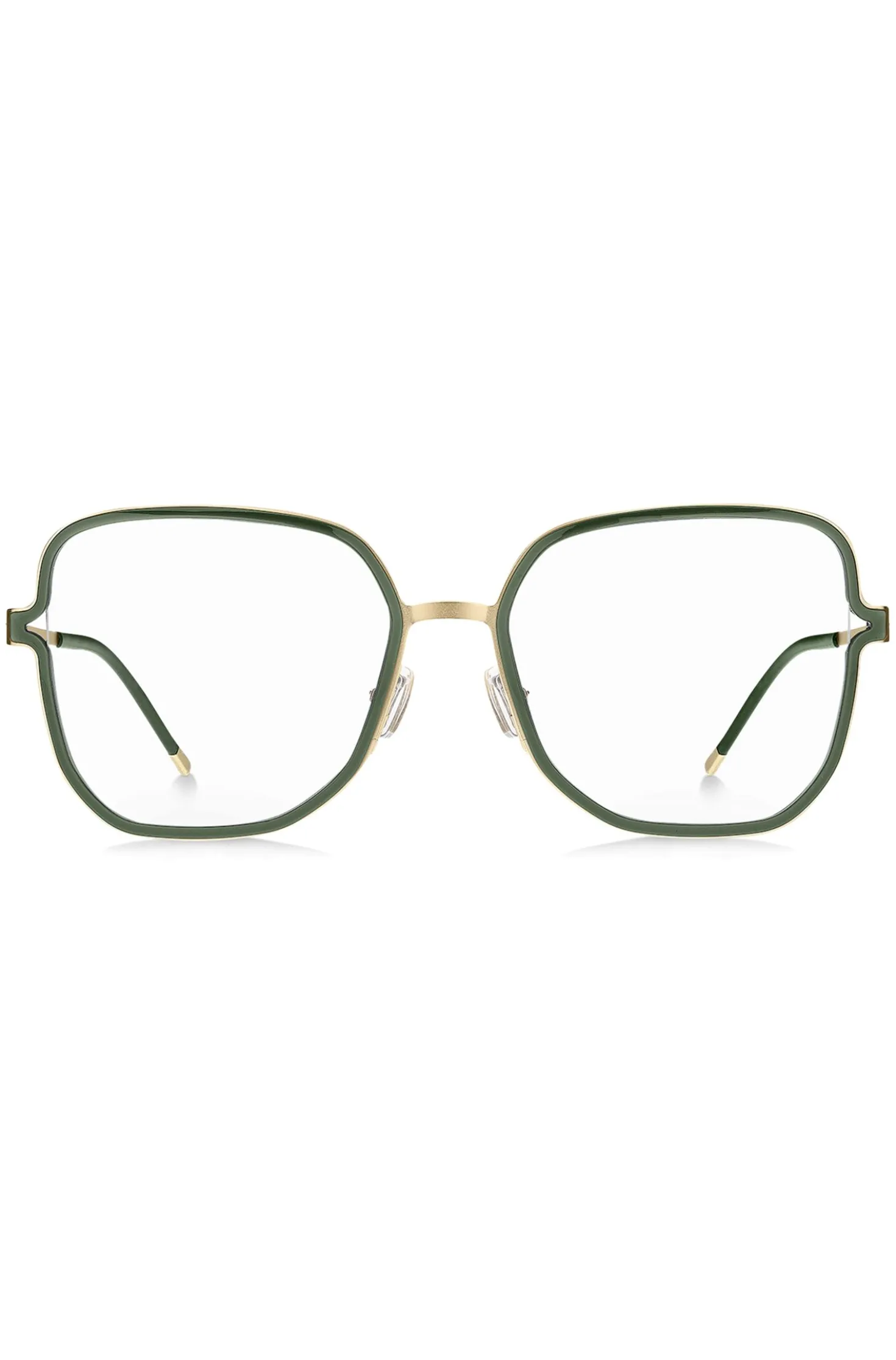 Green optical frames with forked temples and branded chain