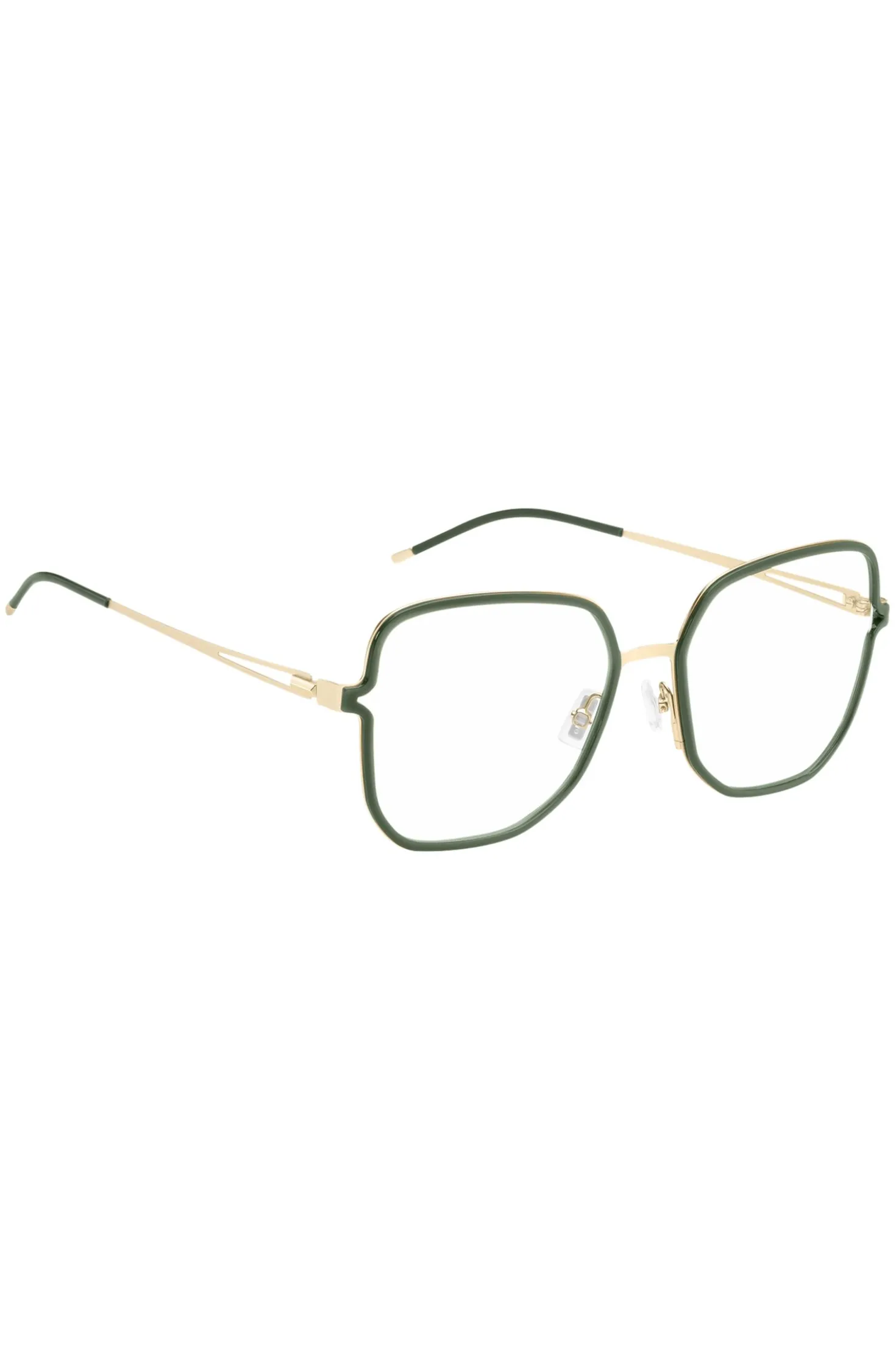 Green optical frames with forked temples and branded chain
