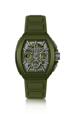 Green skeleton-dial watch with silicone strap