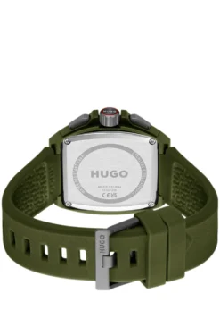 Green skeleton-dial watch with silicone strap