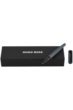 Grey aluminium rollerball pen with mesh-effect engraving
