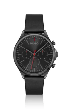 Grey-plated watch with black leather strap