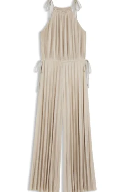 Halterneck jumpsuit in lustrous jersey with plissé pleats