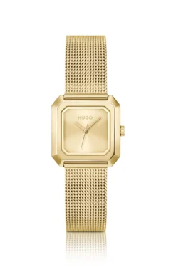 Hazel gold-tone square watch with mesh bracelet