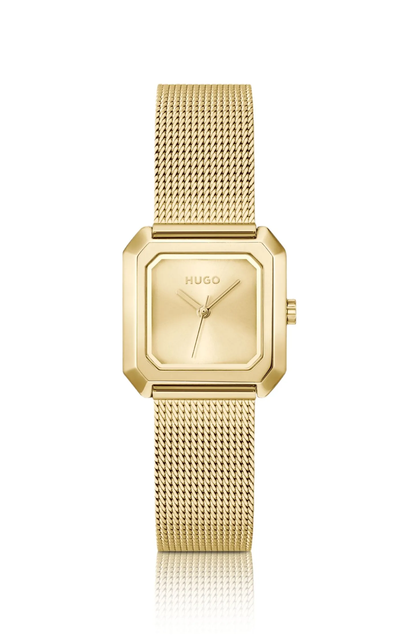 Hazel gold-tone square watch with mesh bracelet