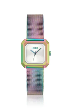 Hazel iridescent square watch with mesh bracelet