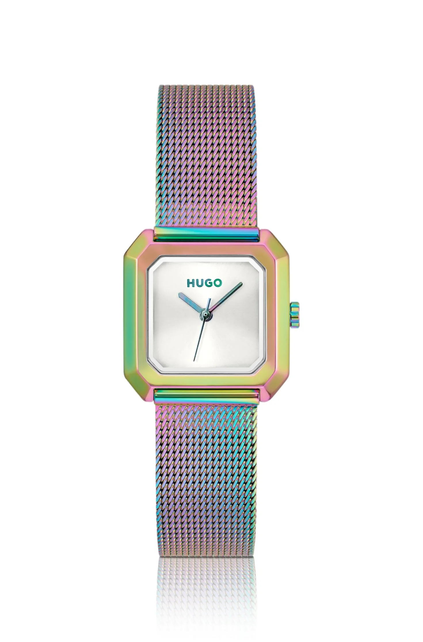 Hazel iridescent square watch with mesh bracelet