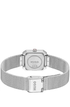 Hazel stainless-steel square watch with mesh bracelet