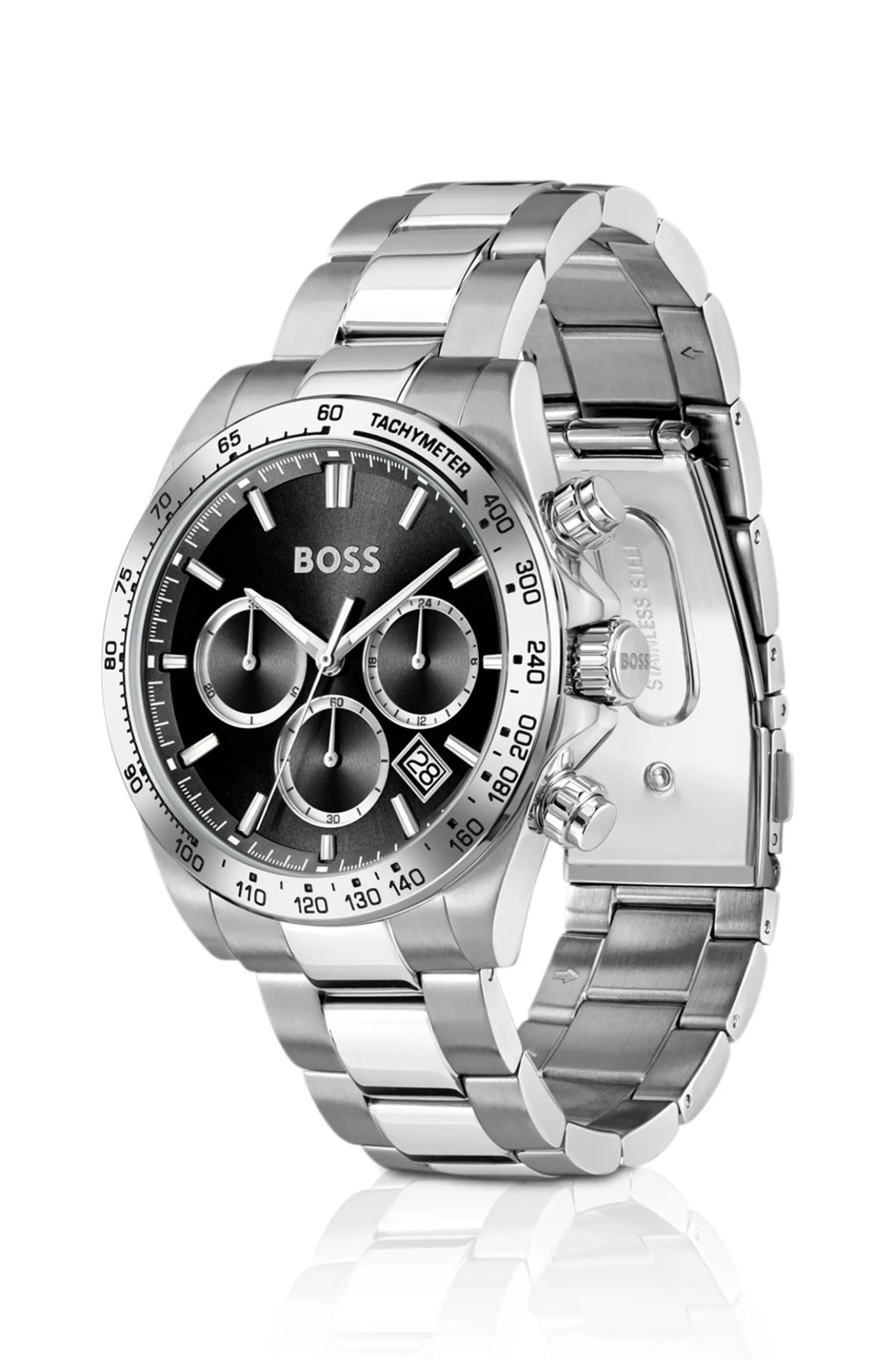 Hero 2.0 Black-dial chronograph watch with steel bracelet