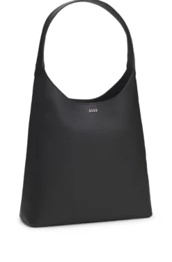 Hobo bag in leather with metallic logo lettering