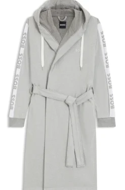 Hooded grey dressing gown with logo-print sleeves